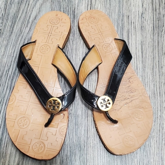 Tory Burch Thora Thong Black Patent Leather Brown Flat Sandals Women’s Size 8M🌴 - Picture 11 of 11